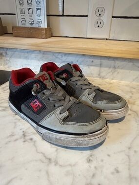 DC Kids Gray and Red Low-Top Skate Sneakers